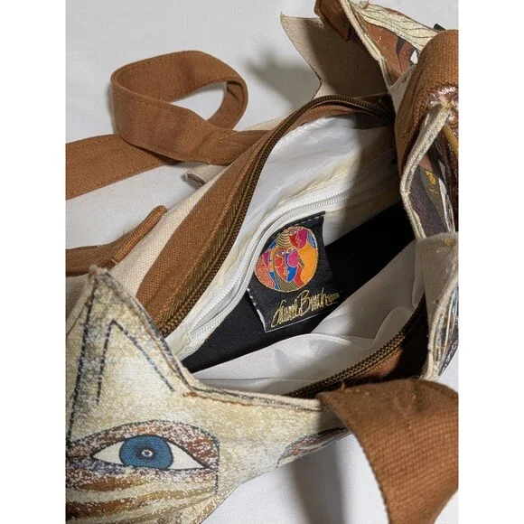 Laurel Burch Cat Shoulder Bag Cut Out Ears Canvas Brown - Picture 8 of 9